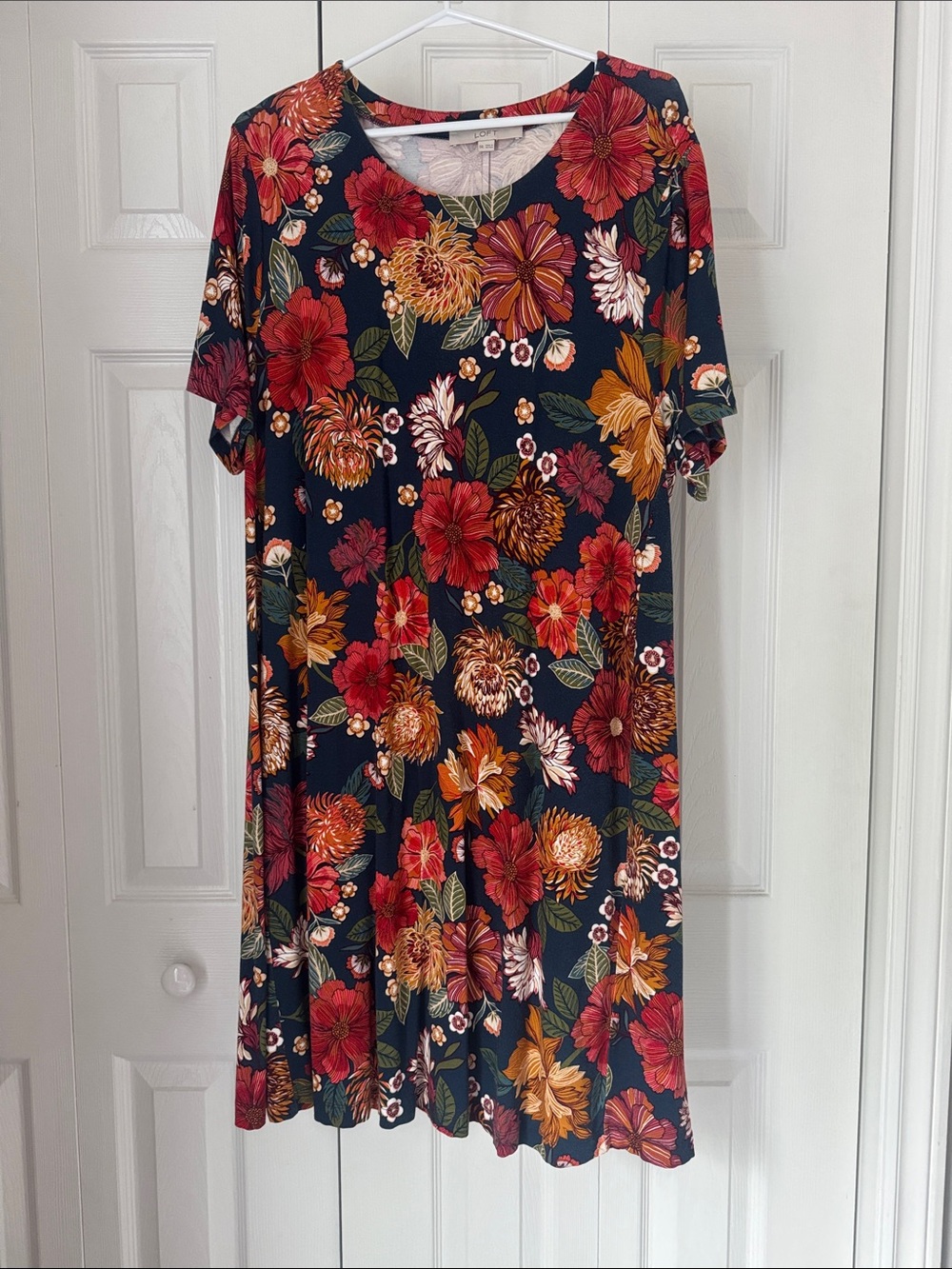 LOFT Navy Floral Swing Dress with Red and Orange Blooms